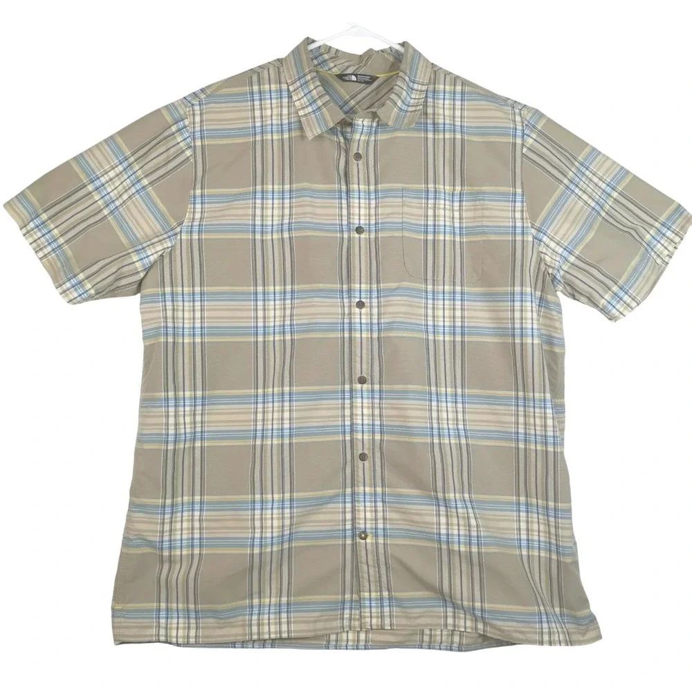 The North Face Men's Short Sleeve Shirt Size XL Beige Plaid Pit To Pit 25 In